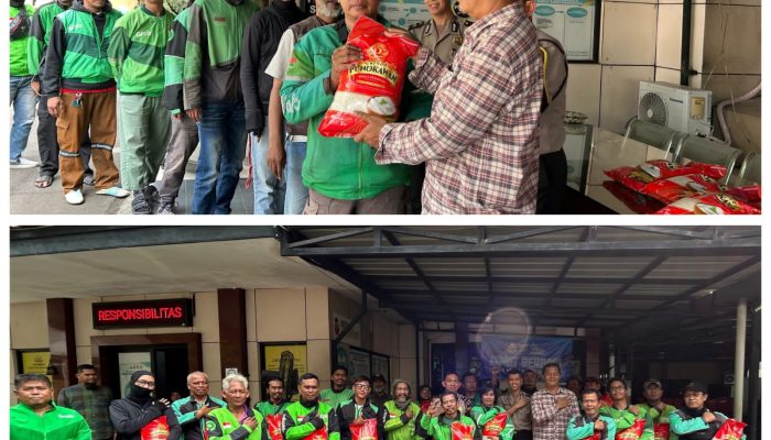 Jumat Peduli, Polsek Metro Kebayoran Baru Berbagi Paket Beras Kepada Komunitas Ojol